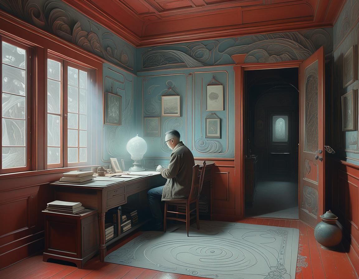 Ethereal Portrait in Dreamlike Cabin, Surrealist Style