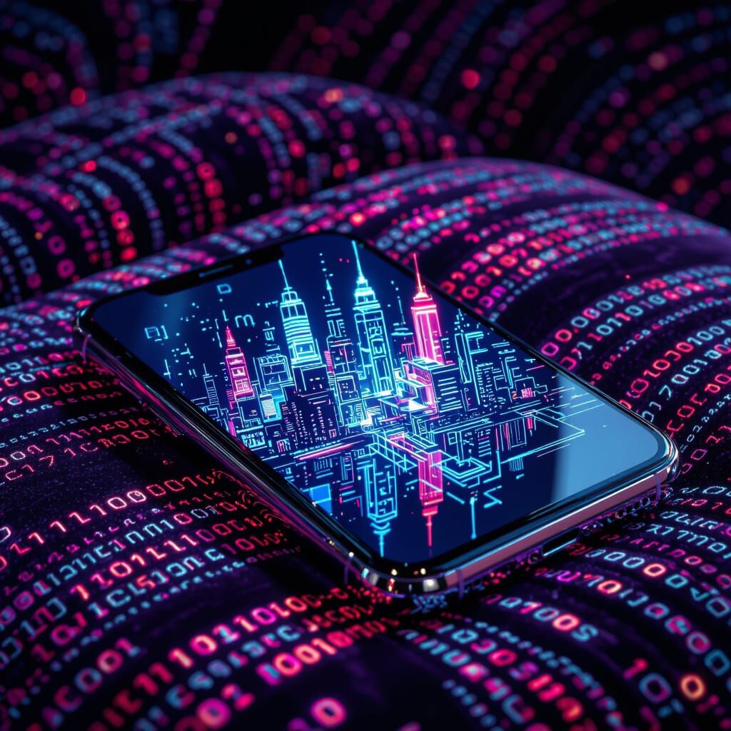 Cyberpunk City Hologram Projected from Chrome Smartphone