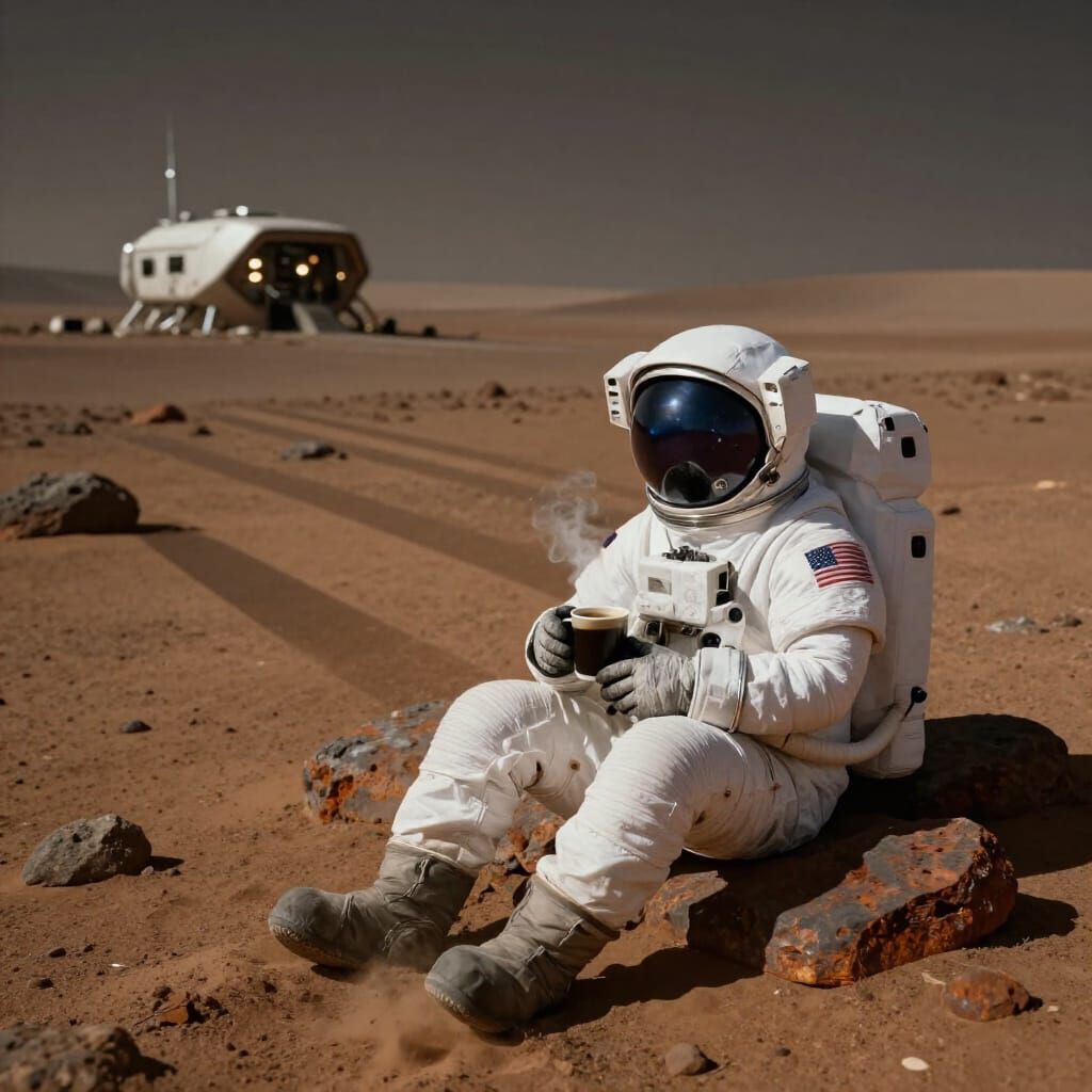 Astronaut Enjoys Synth-Coffee on Mars in Sci-Fi Style