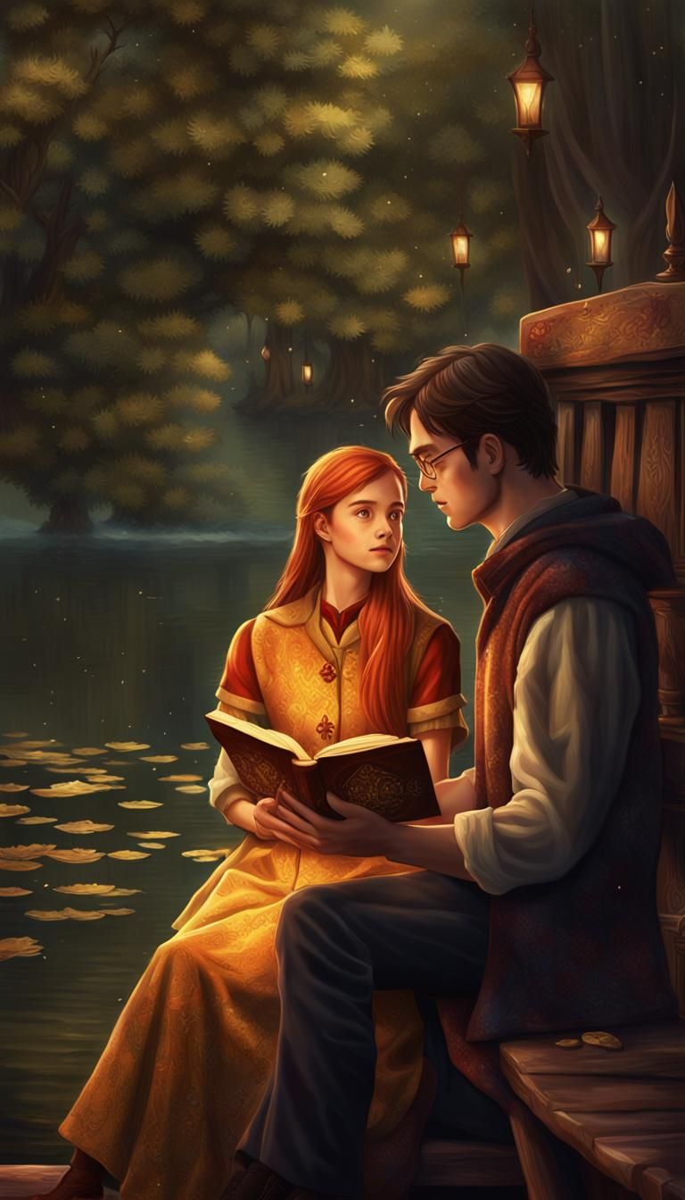 Harry Potter and Ginny Weasley Reading by Lake