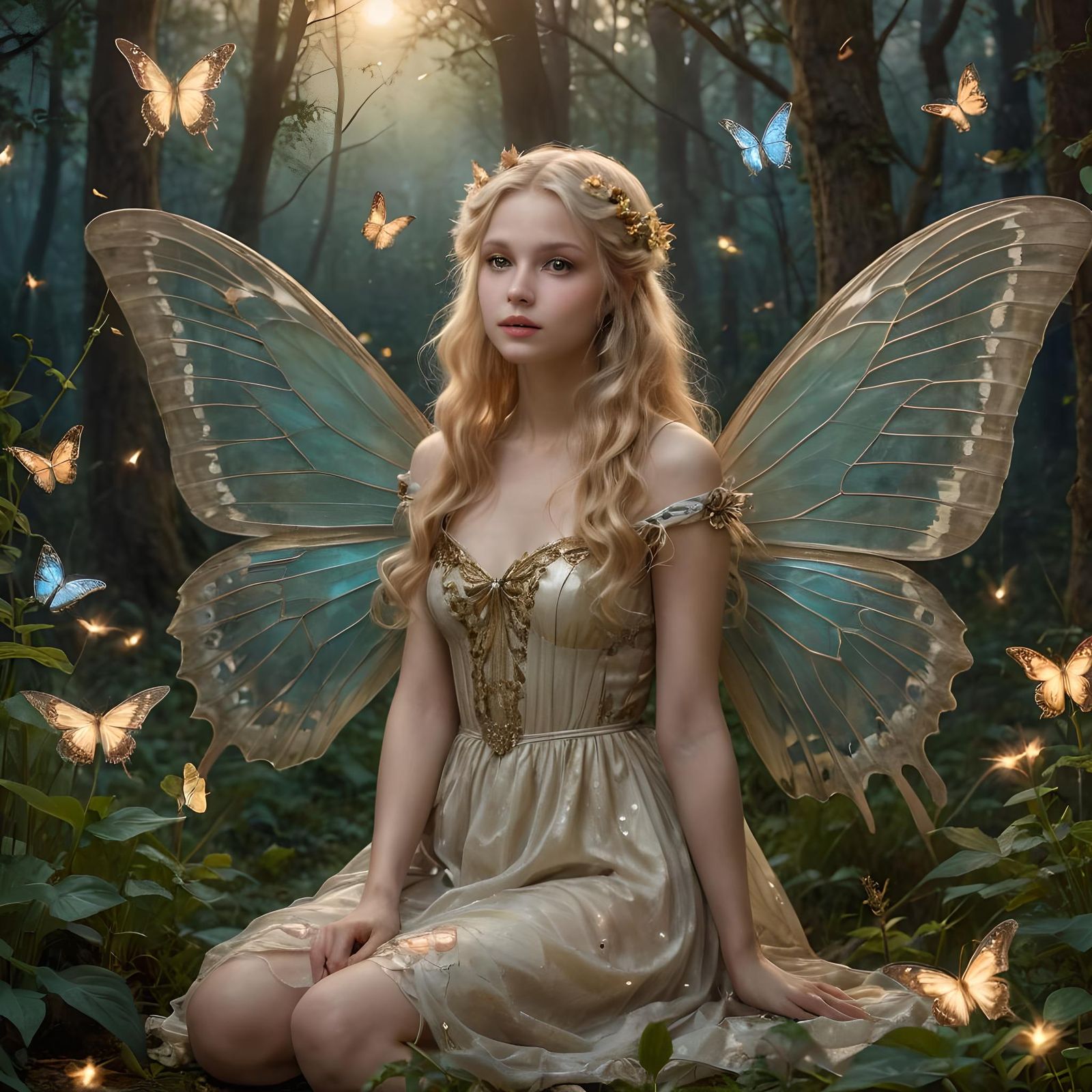Moonlit Fairy with Butterfly Wings in Forest