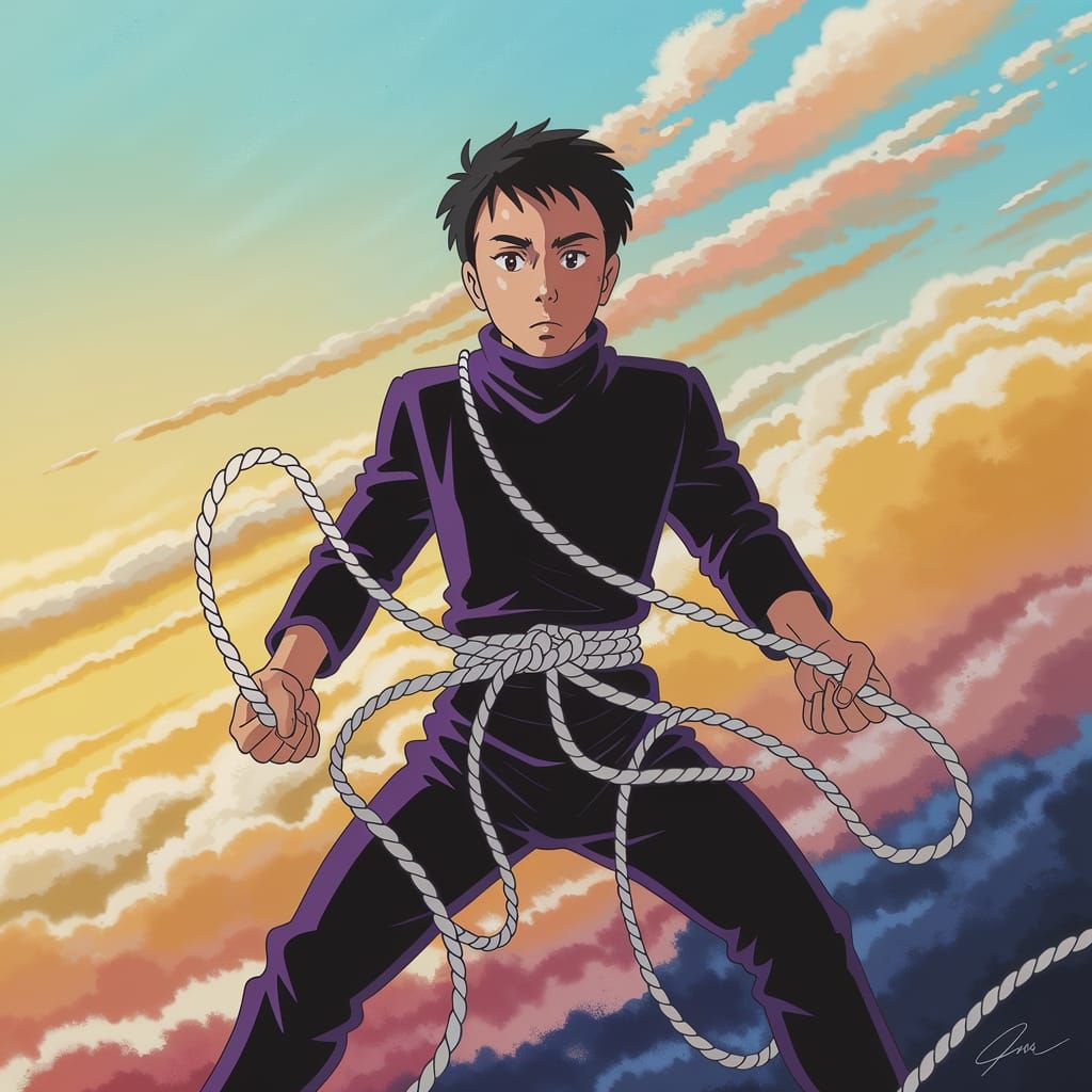 Anime Figure Outline in Rope Against Swirling Clouds