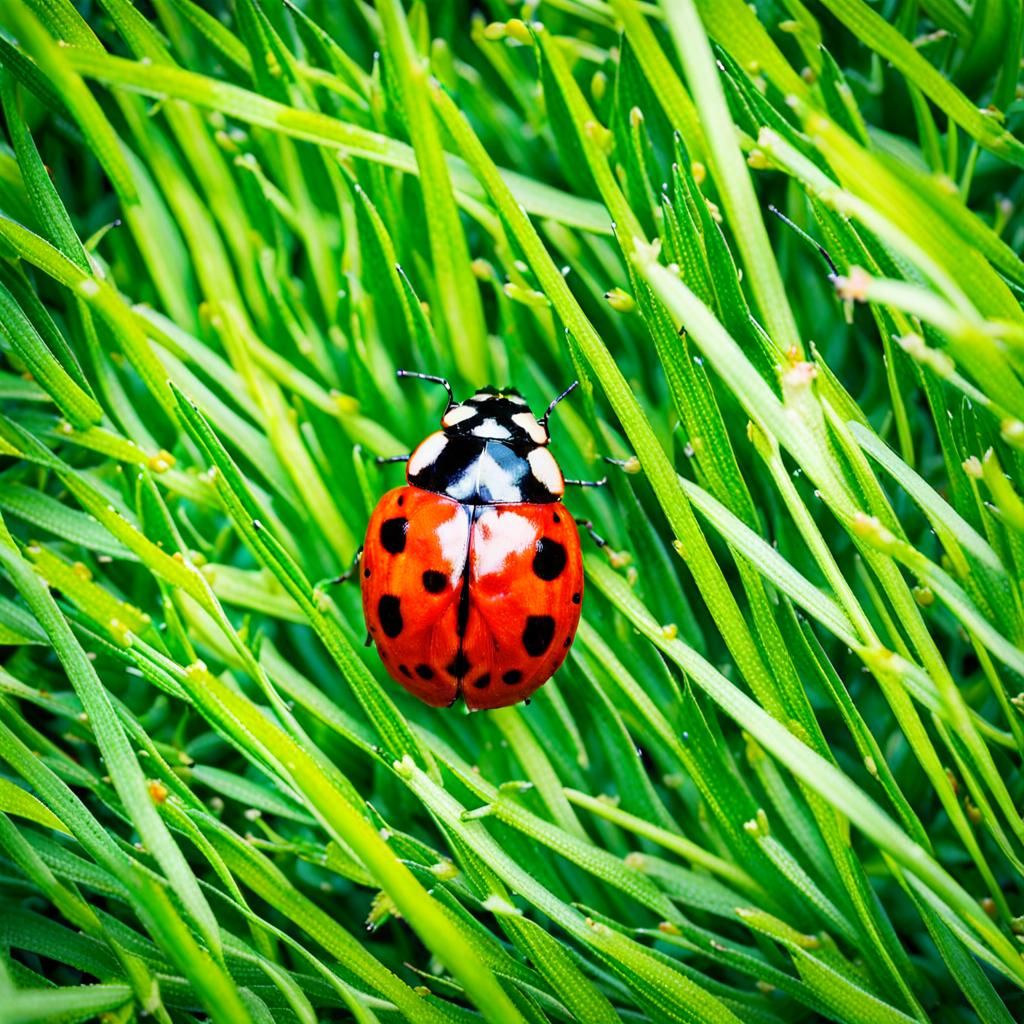 Ladybug on Green Grass Macro View