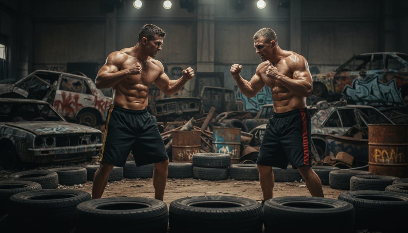 Cinematic Underground Boxing Match in Grimy Junkyard