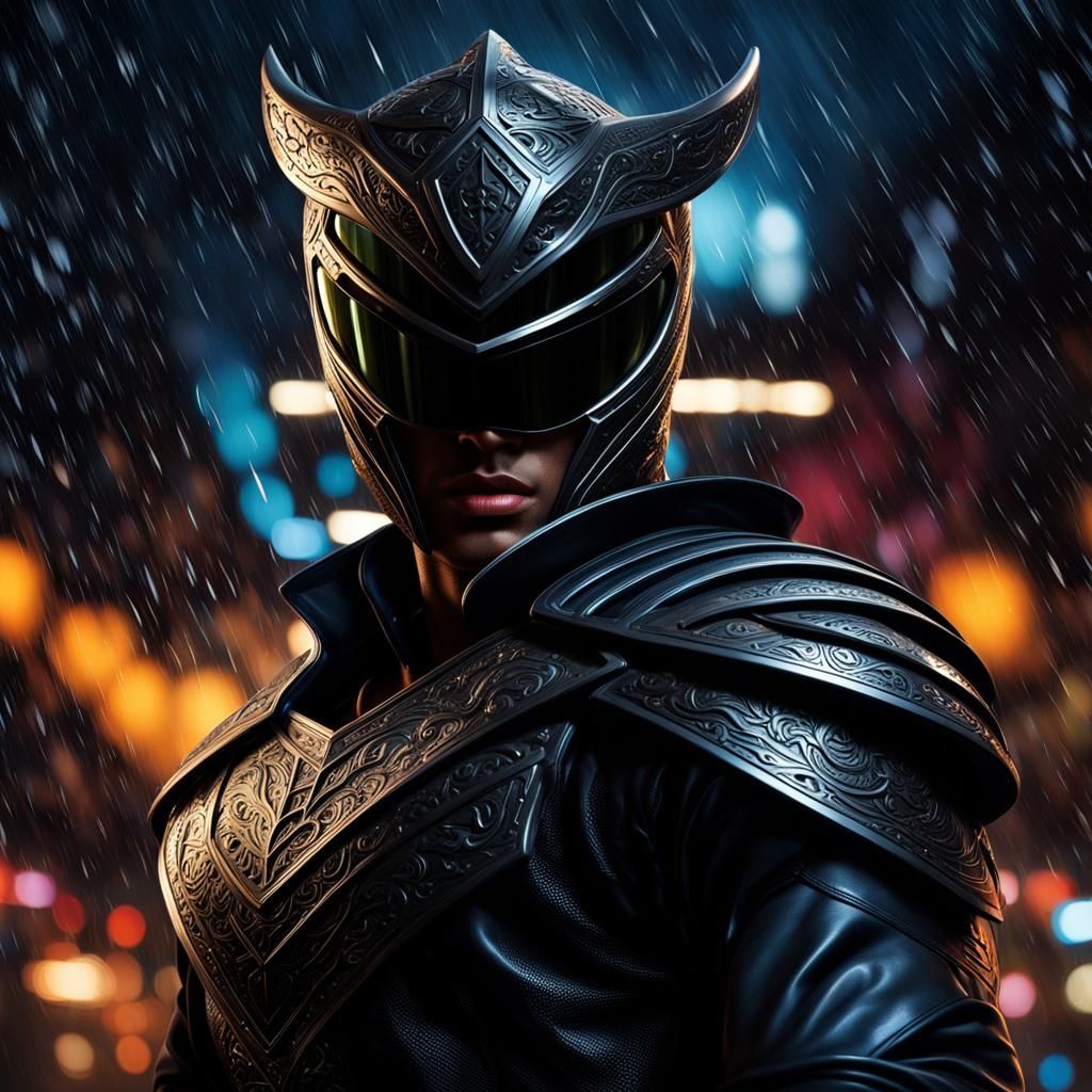 Black Power Ranger with Dragon Shield in Rain