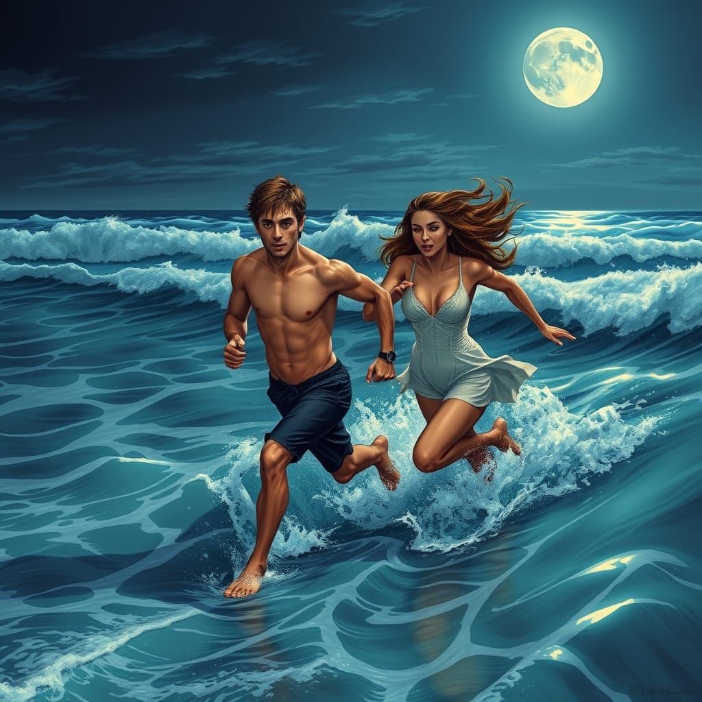 Couple Runs into Ocean Waves at Night