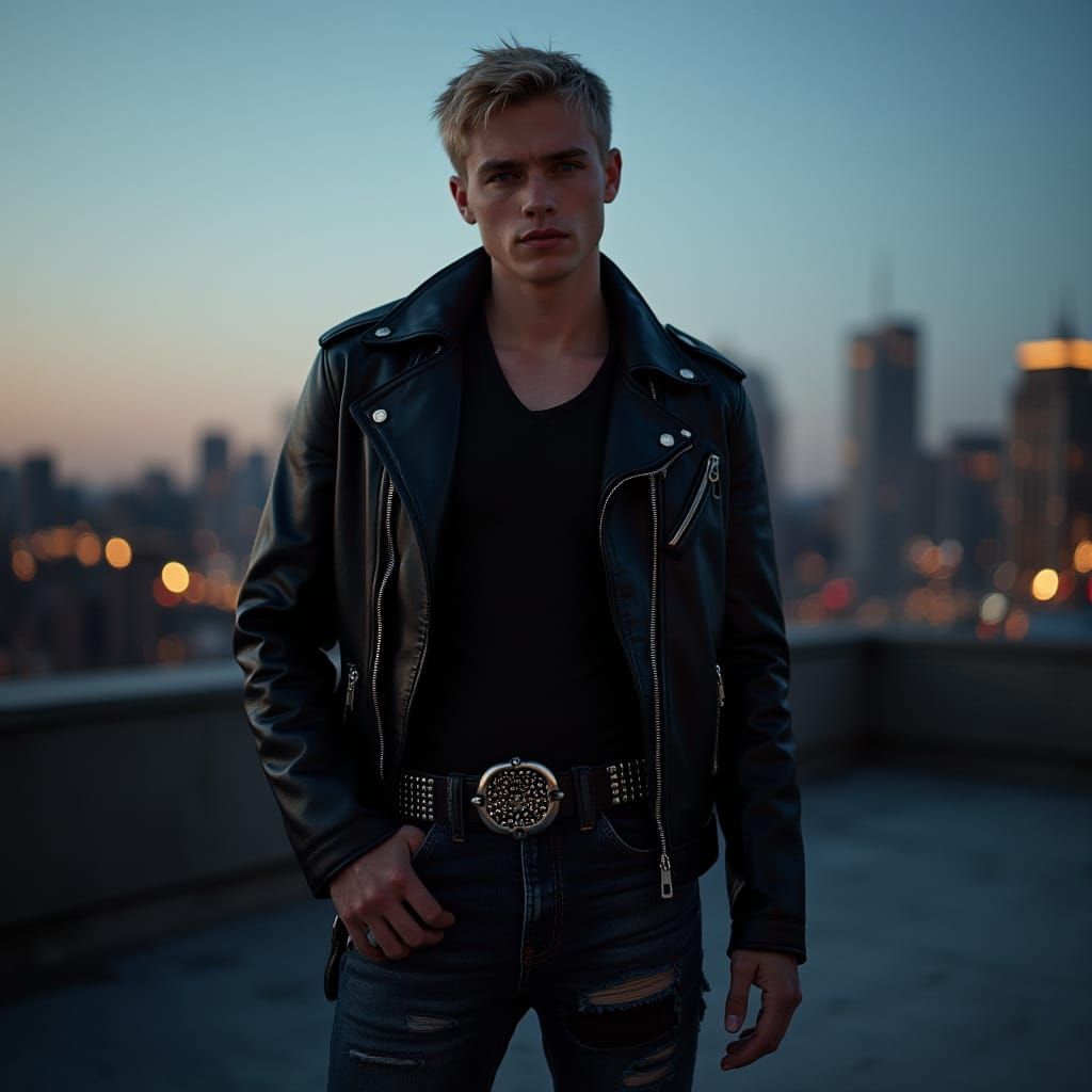 Punk Man on Rooftop at Dusk in Realistic Style