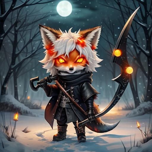 Undead Chibi Fox with Scythe in Watercolor Style