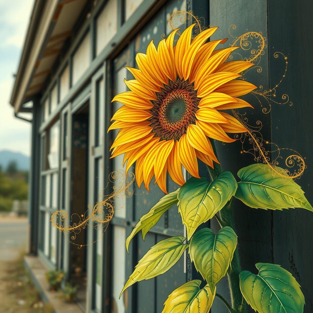 Sunflower Art Nouveau Growing on Abandoned Building