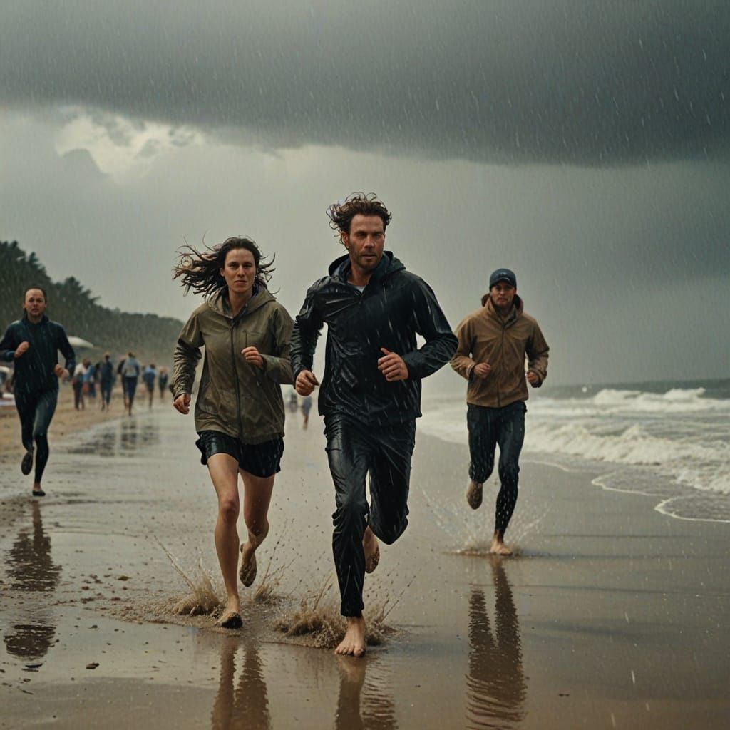 People Running on a Beach During a Rainstorm
