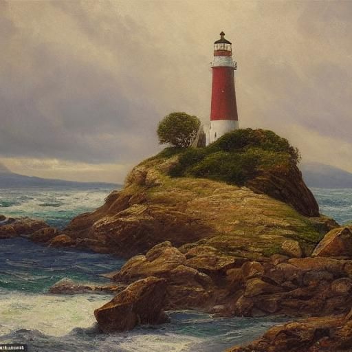 Dramatic Seascape Oil Painting with Lighthouse and Bridge