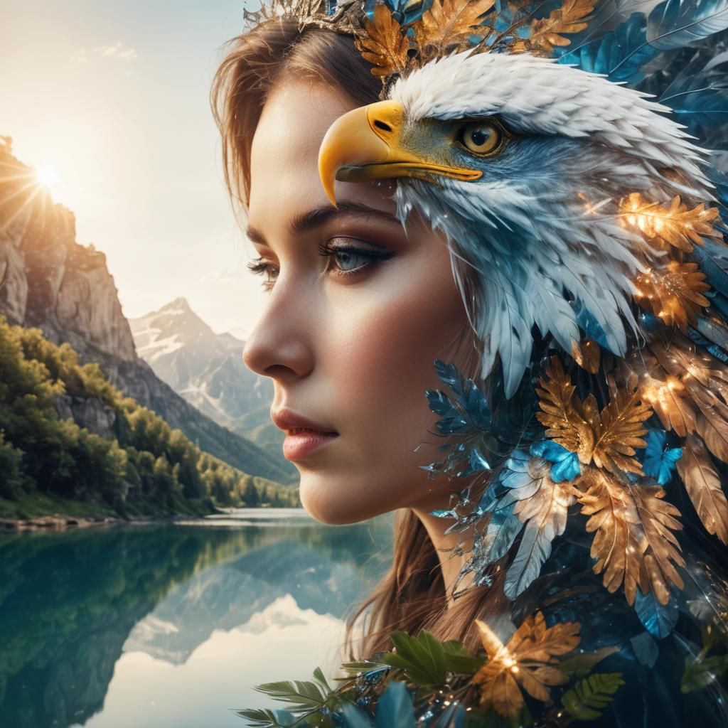 Fantasy Girl Double Exposure with Eagle Reflection