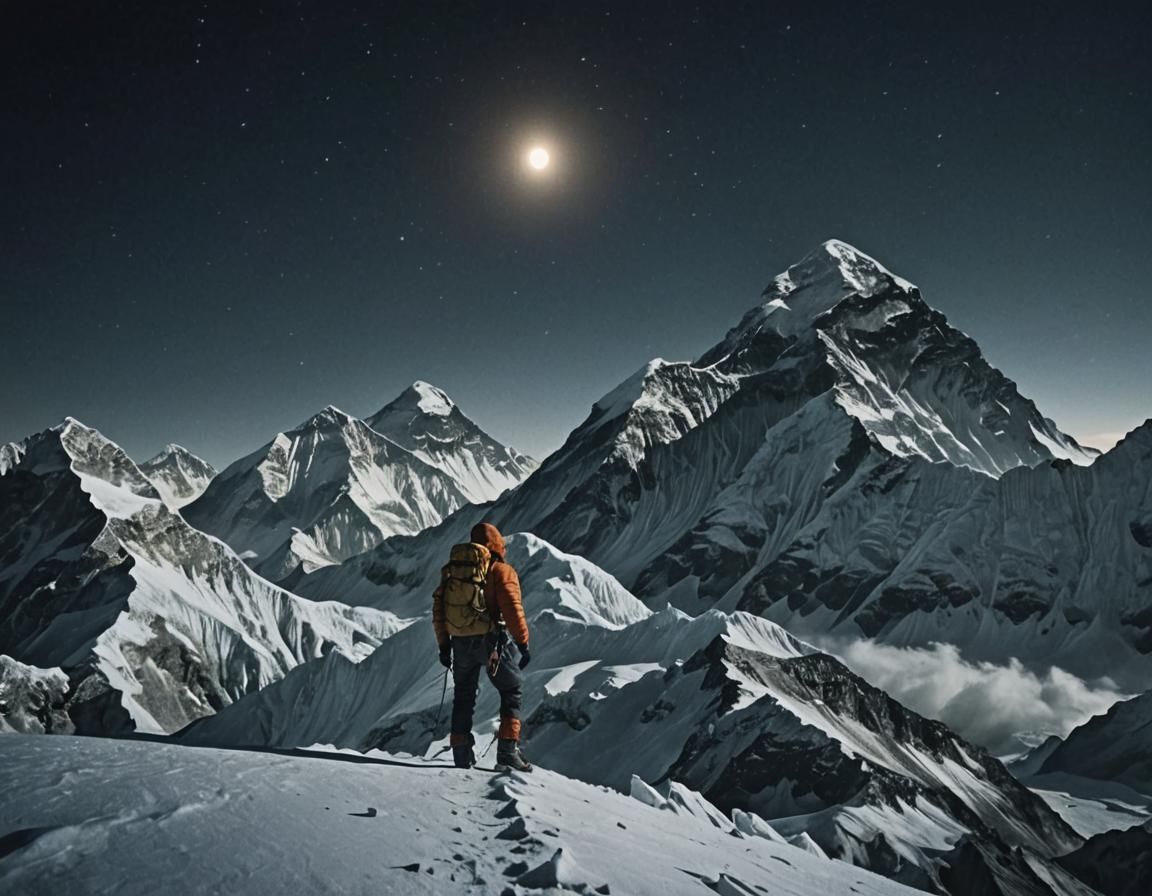 Everest Climber in Moonlight: Cinematic Film Still