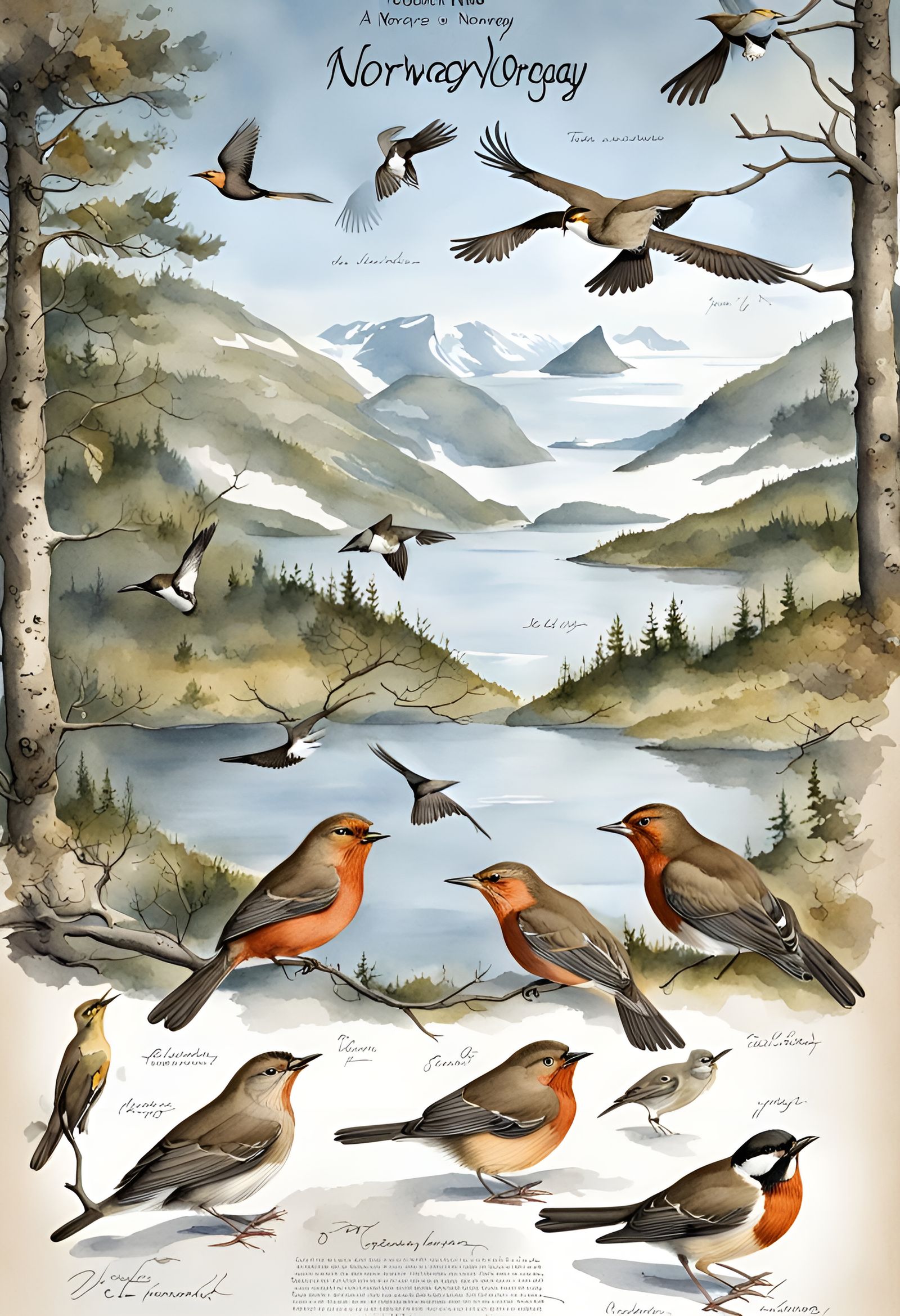 Retro poster of common birds in Norway