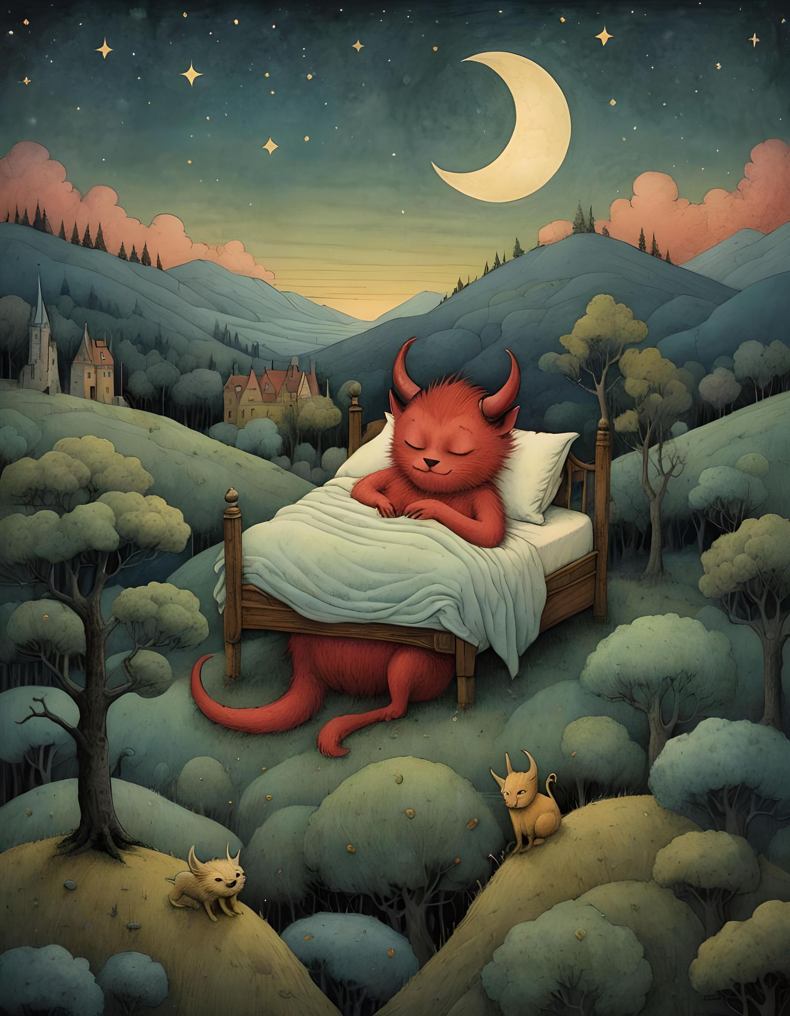 Fluffy Devil Sleeping Under Moonlight in Pastel Colors