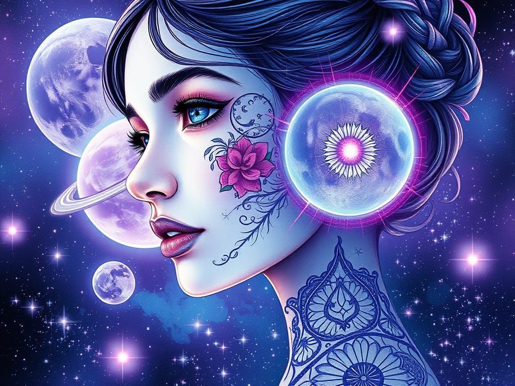 Beautiful Girl with Star Tattoo in Cosmic Scene