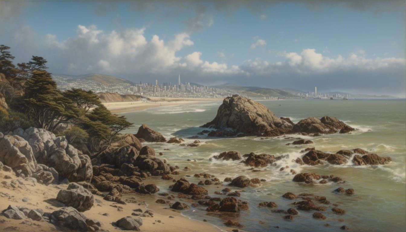 San Francisco Cityscape Lithograph in Luminist Style