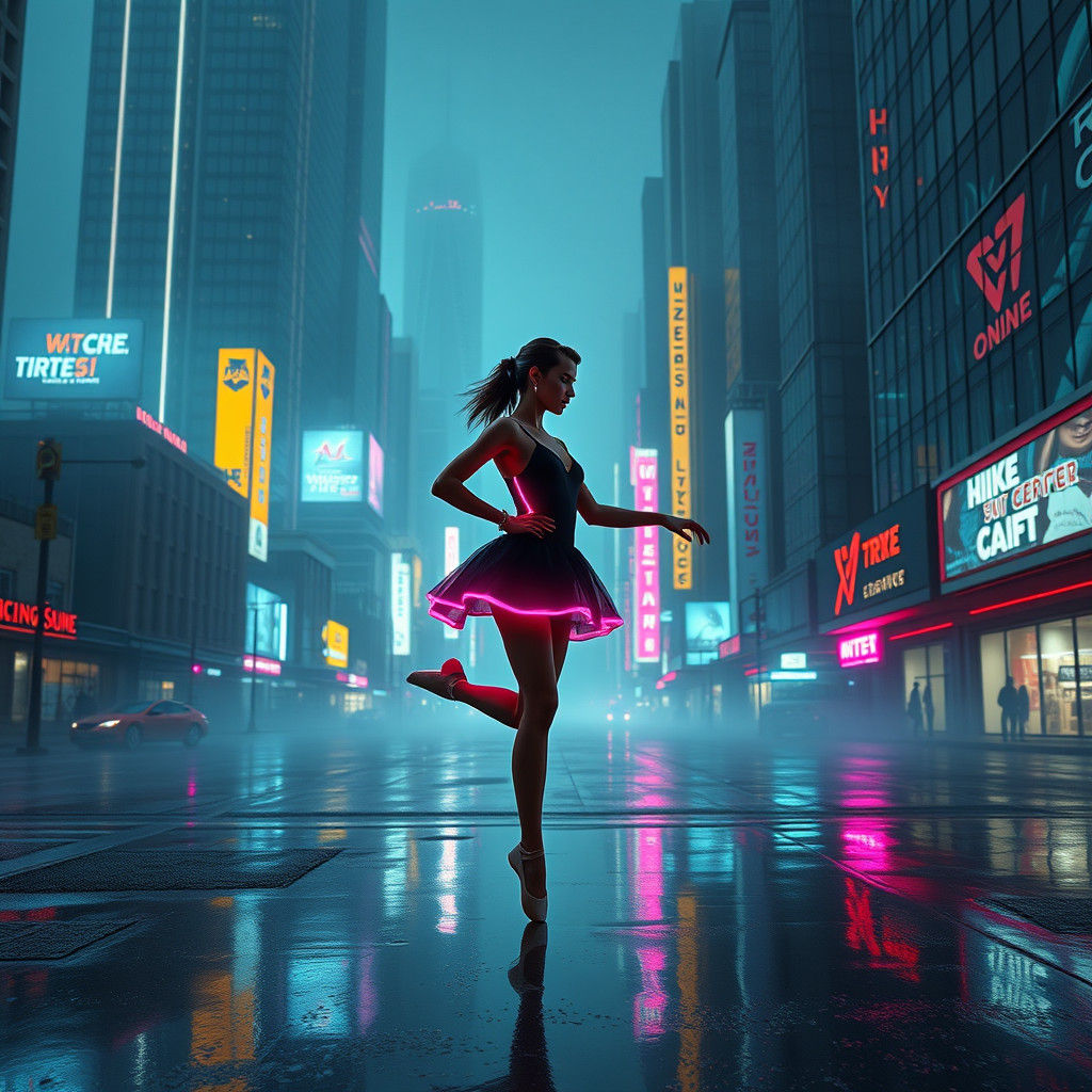 Cyberpunk Ballet Dancer in Neon Cityscape