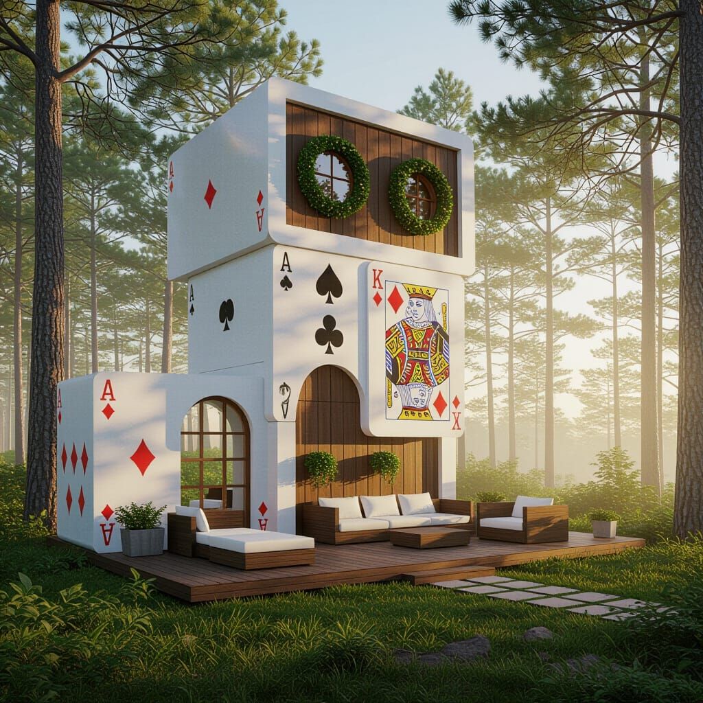 Whimsical Card House in Ethereal Forest Landscape