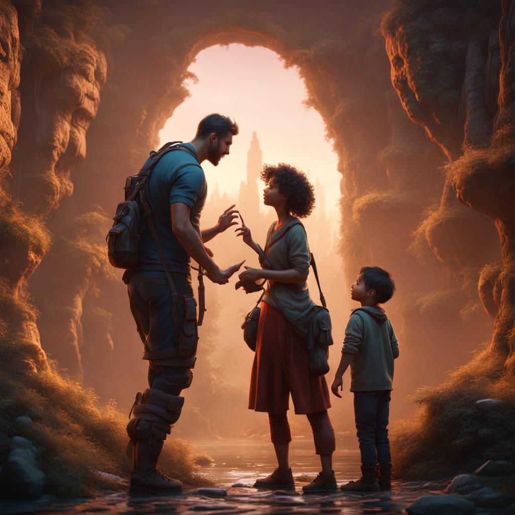 Family Conversation in Detailed Matte Painting Style