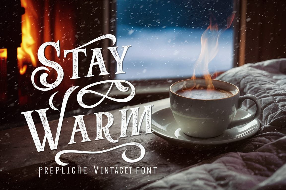 Cozy Fireplace Scene with Coffee and Snow
