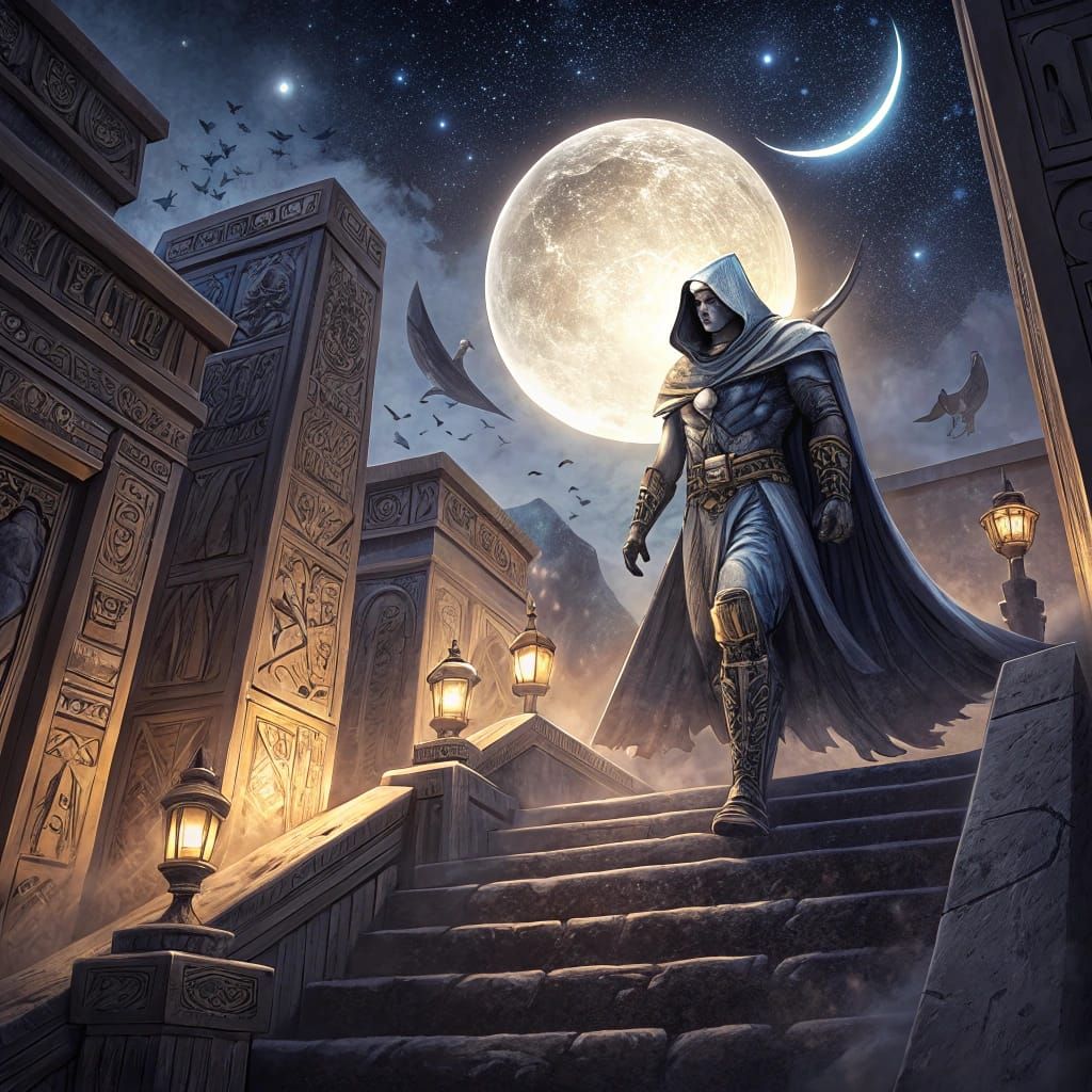 Epic Fantasy Hero Rises on Ancient Temple Staircase under Gl...