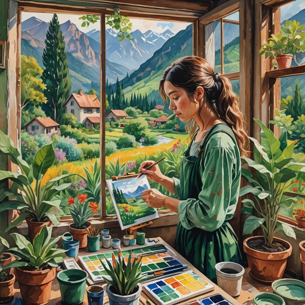 Bohemian Artist's Self-Portrait in Gouache Style