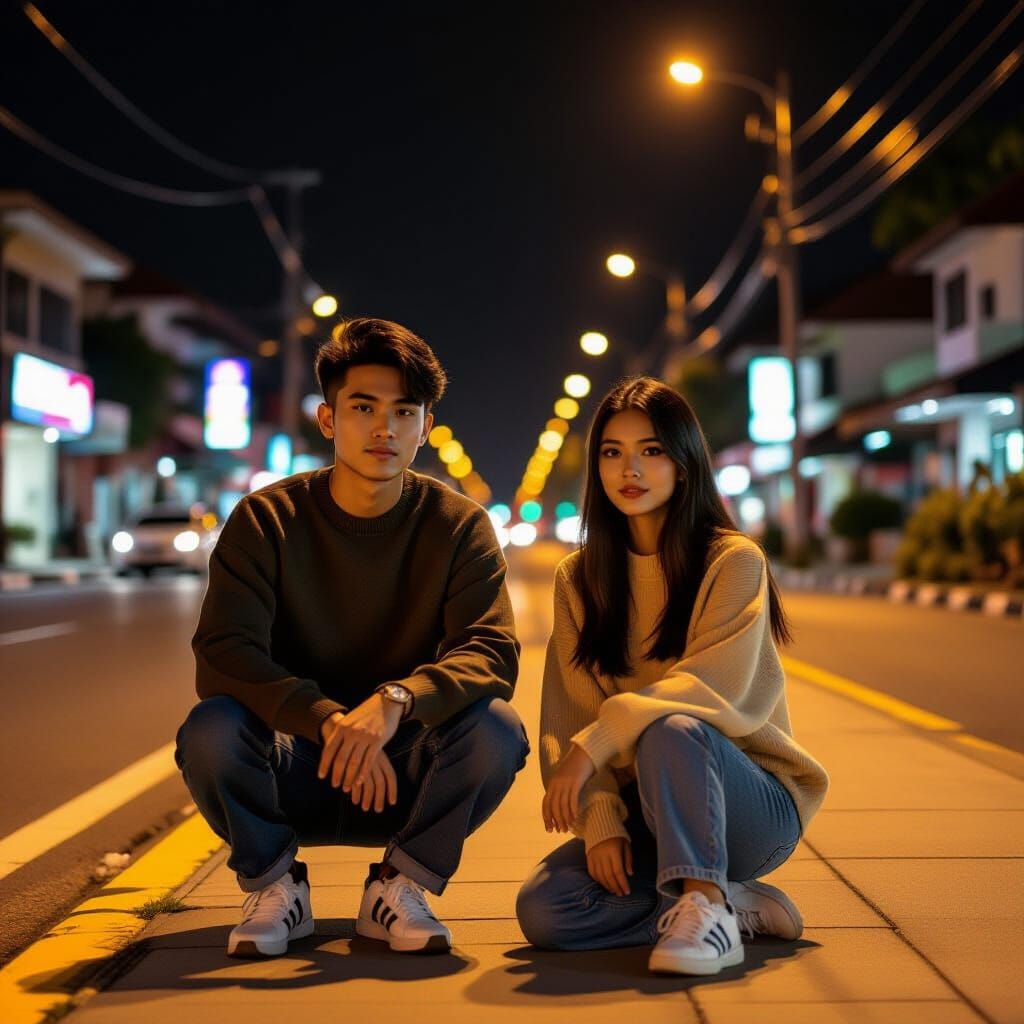 Indonesian Teenagers Pose Casually on City Sidewalk at Night