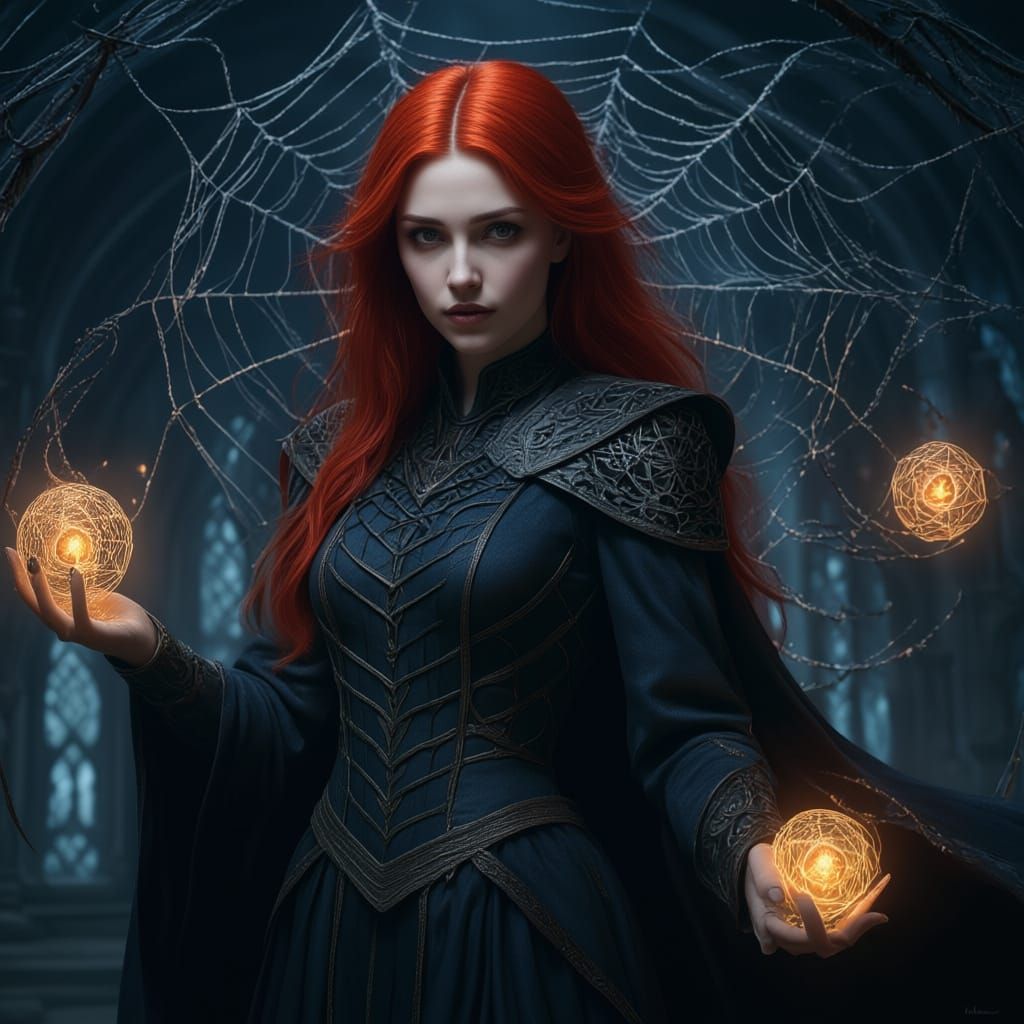 Sorceress Weaving Magical Linen in Dark Fantasy Style