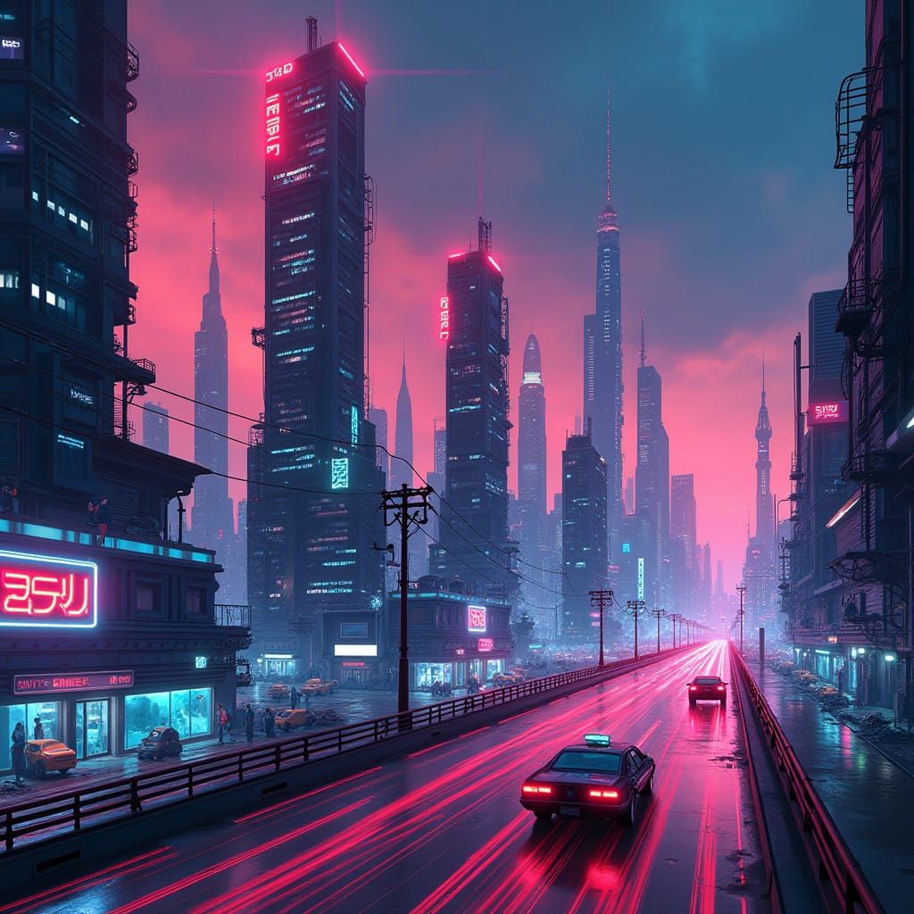 Cyberpunk Cityscape with Flying Cars and Neon Lights
