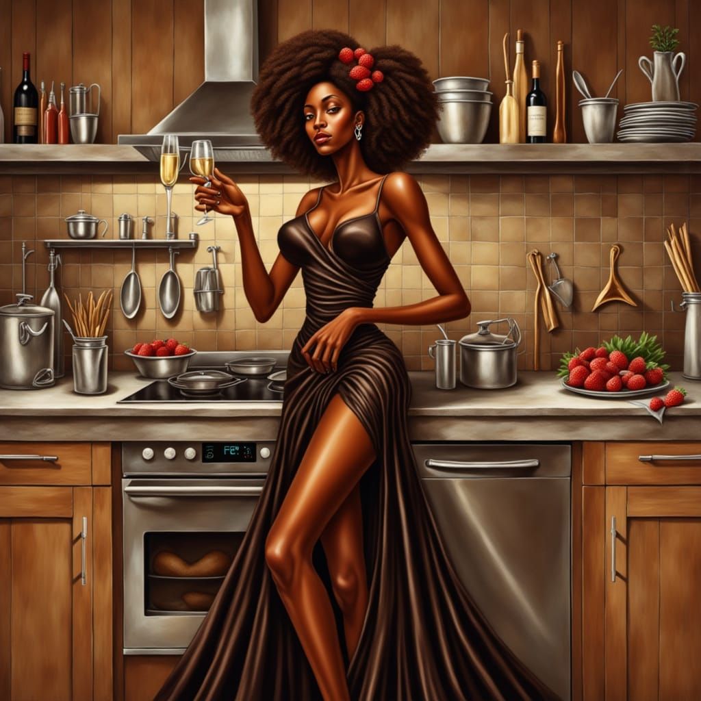 Hyper-Stylized Dark Chocolate Goddess in Modern Kitchen