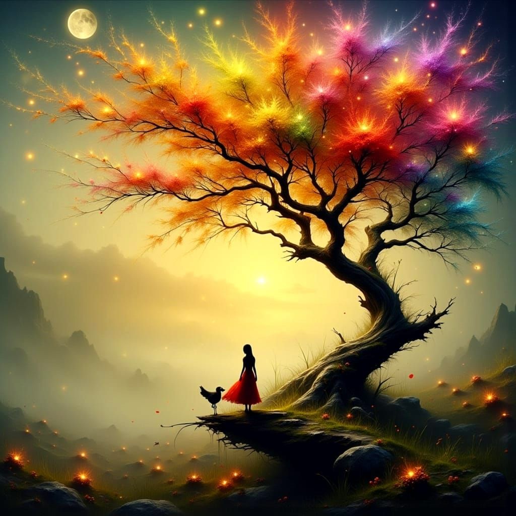 Mysterious Enchantress in a Dreamy Moonlit Landscape