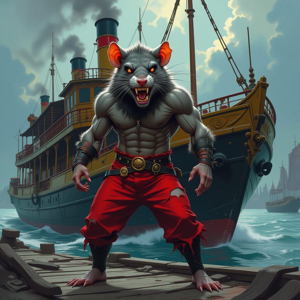 Ferocious Rat Person Before Antique Steamboat in Dark Fantas...
