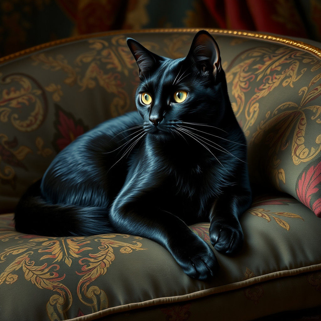 Sleek Black Cat with Silk Fur, Dreamlike Symbolist Style