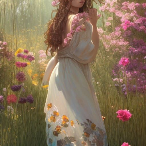 Ethereal Garden Goddess in Vibrant Floral Attire