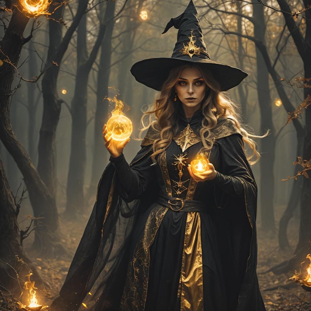 Golden Aura Witch Casting Dark Spells