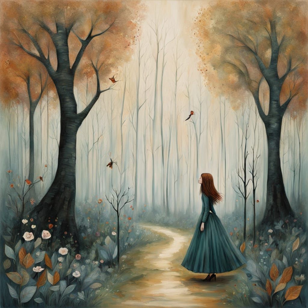 Whimsical Mountain Village Landscape in Folk Art Style