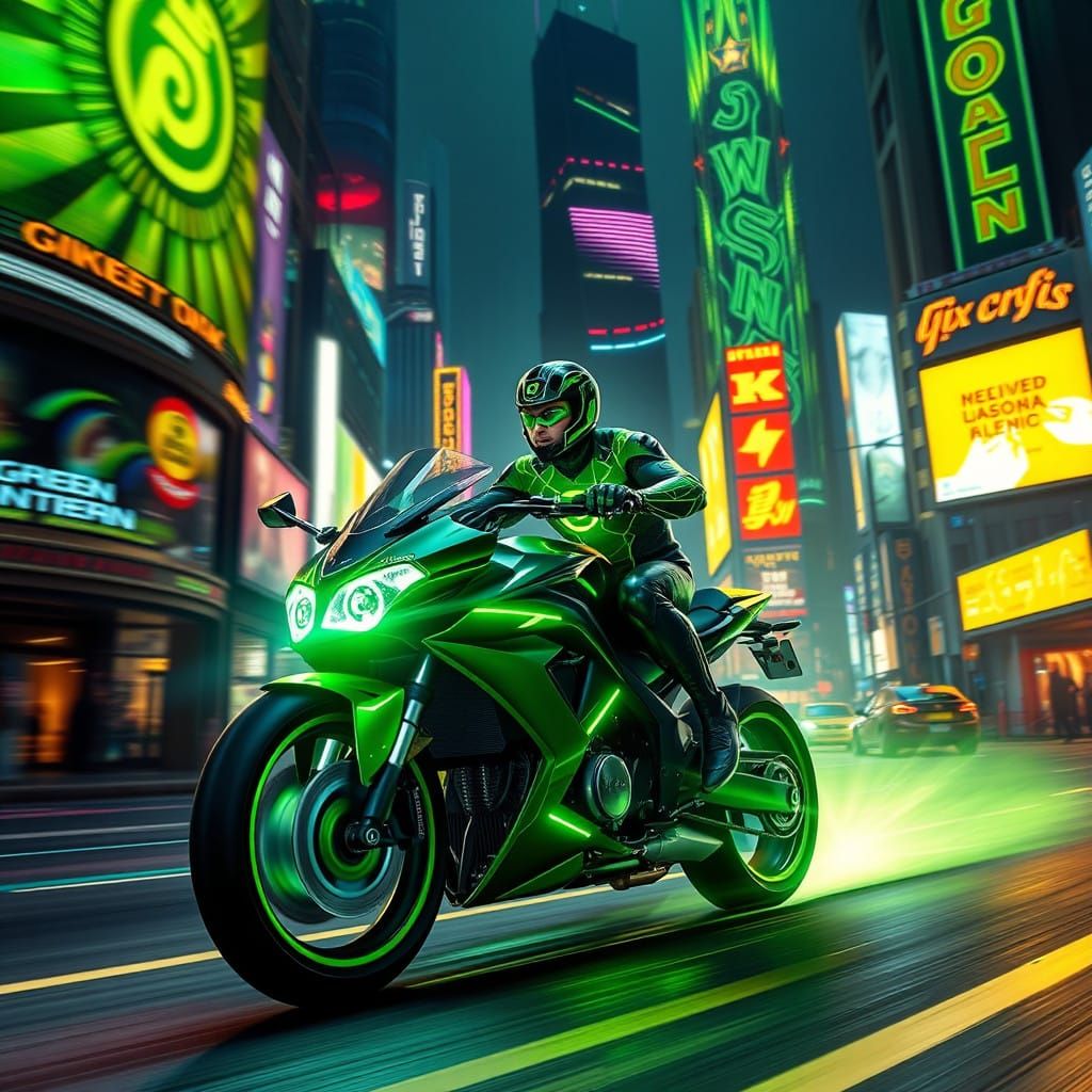 Cyberpunk Green Lantern Rides Through Vibrant Emerald City