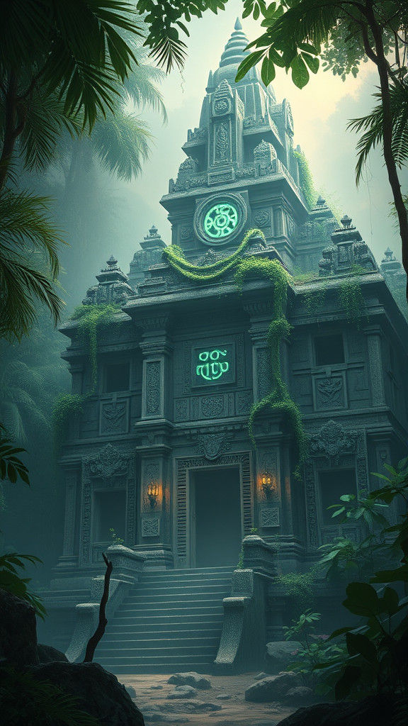 Mystical Ancient Jungle Temple with Glowing Runes