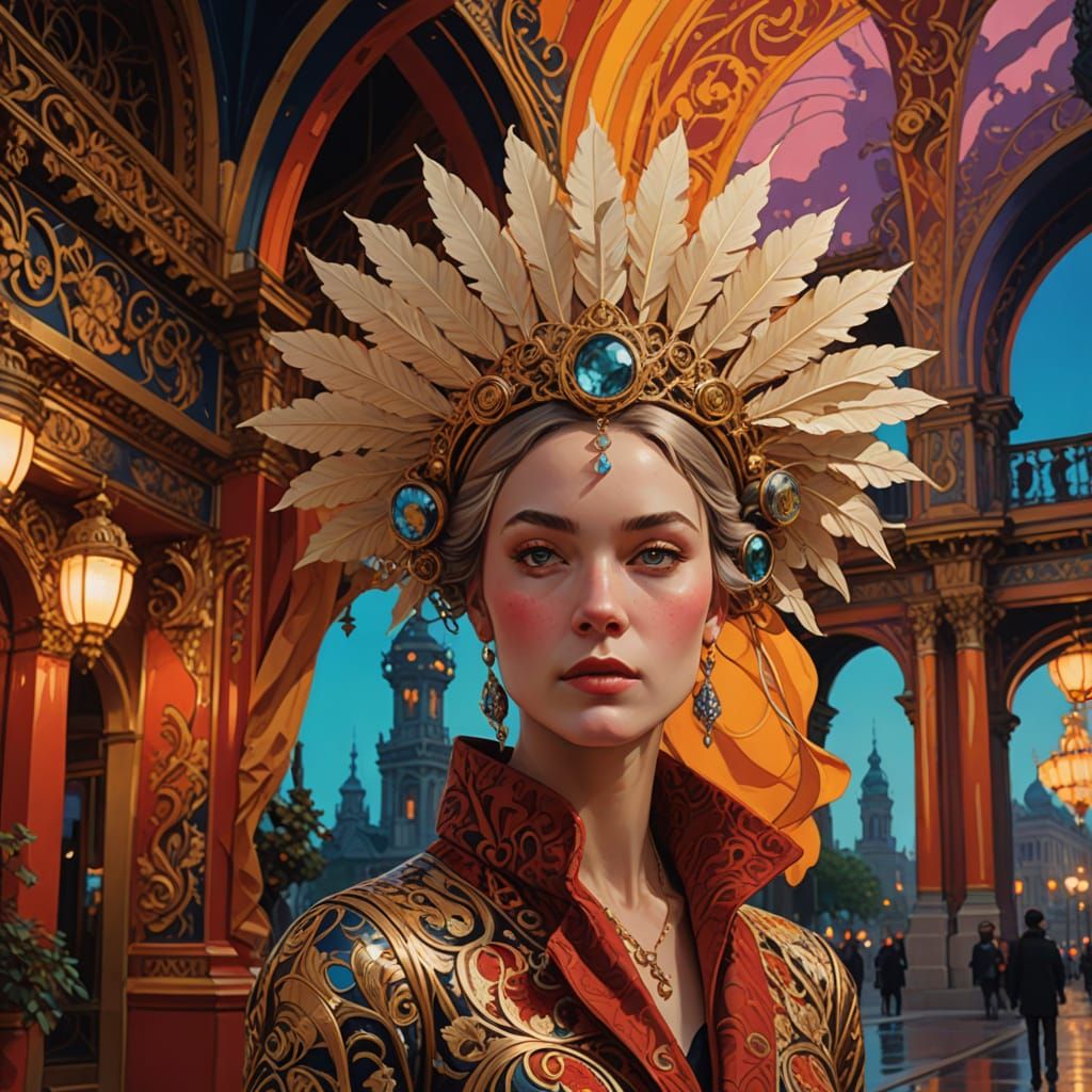 Dramatic Art Nouveau Portrait with Intricately Detailed Head...