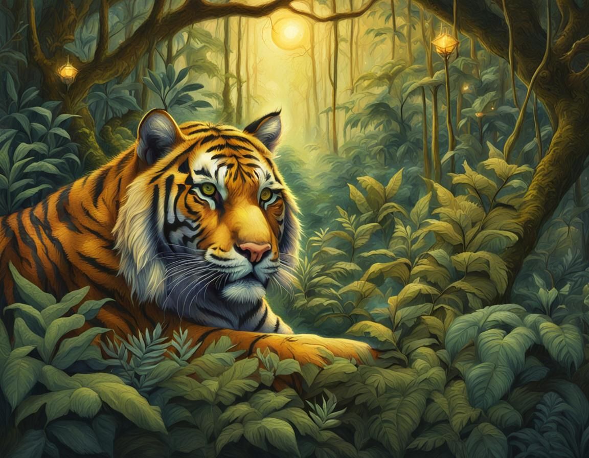 Mystical Jungle Tiger in Whimsical Fantasy Art