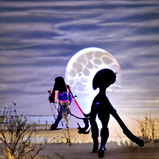 Alien Walks Pet Cat Under Moonrise