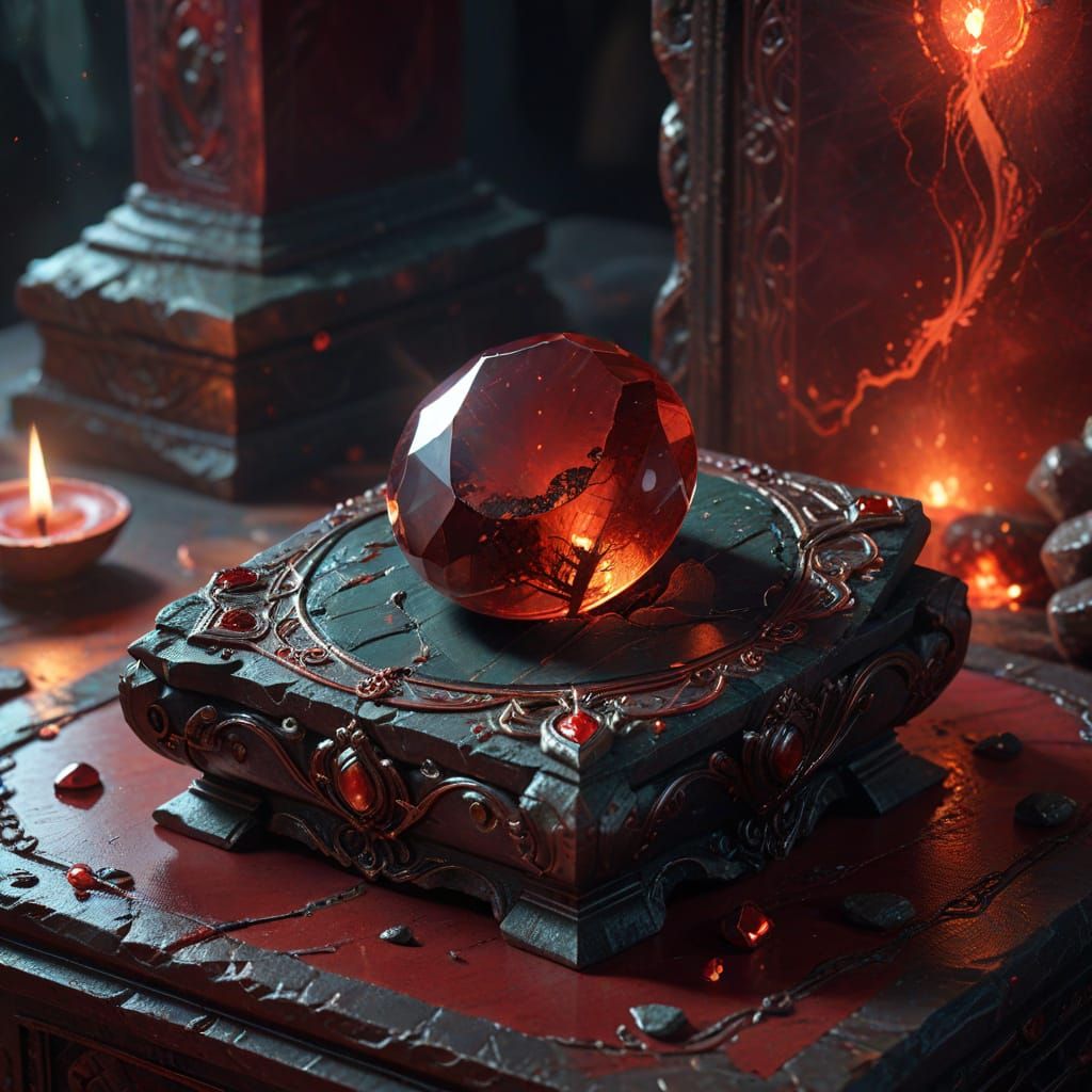 Mystical Bloodstone Gem on Ancient Altar