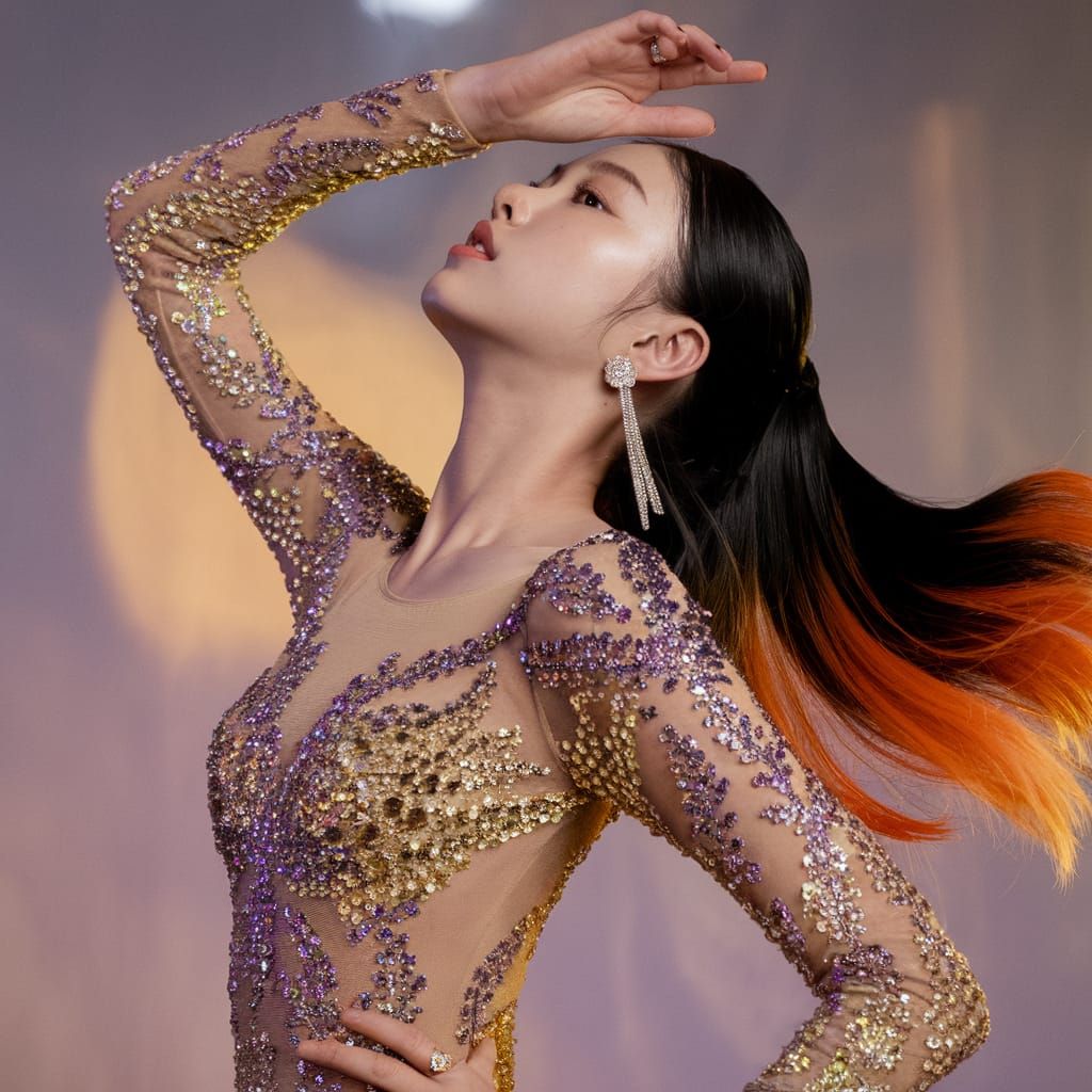 Elegant Korean Woman in Haute Couture Gown Captured in Cinem...