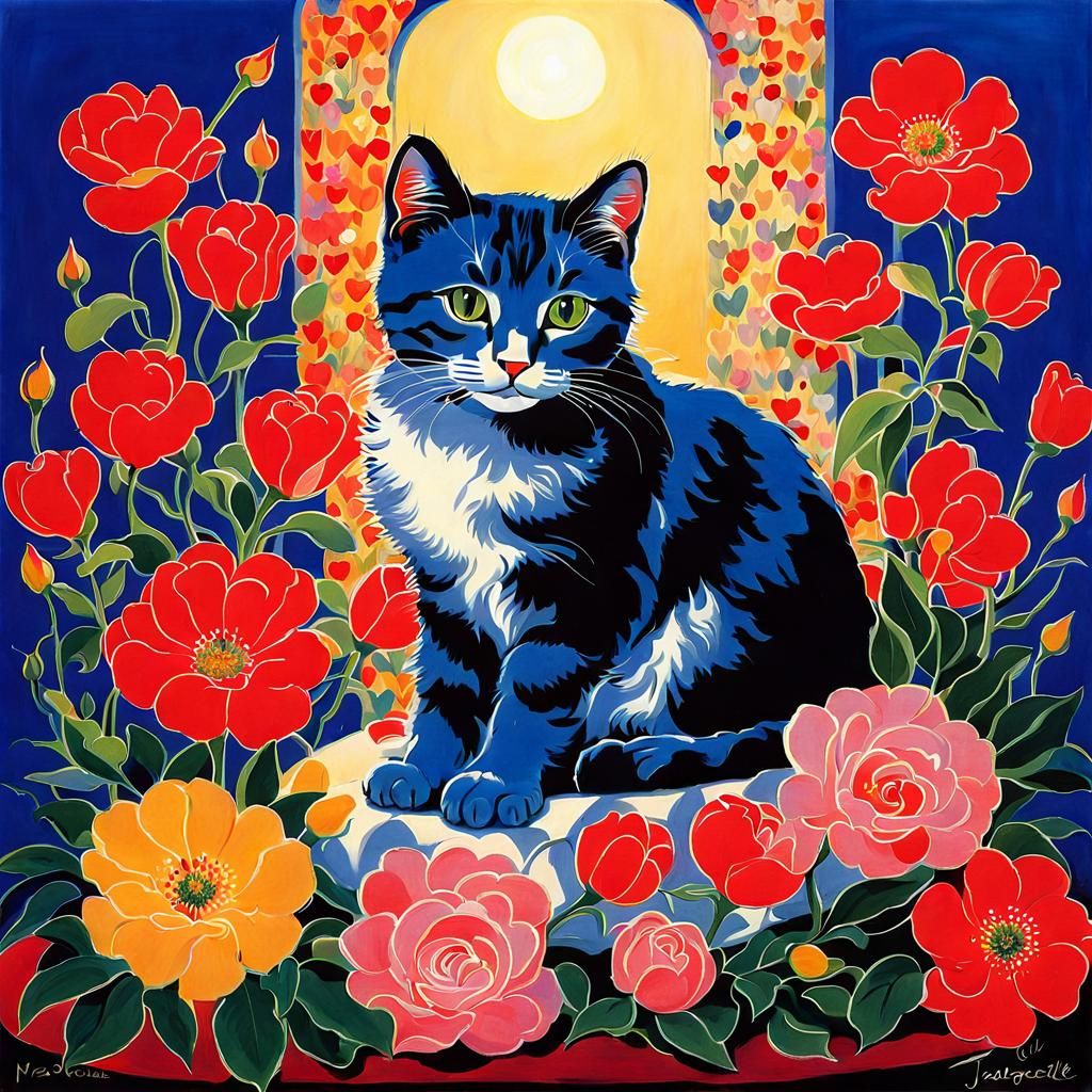Cat Surrounded by Flowers, in Orientalist Style