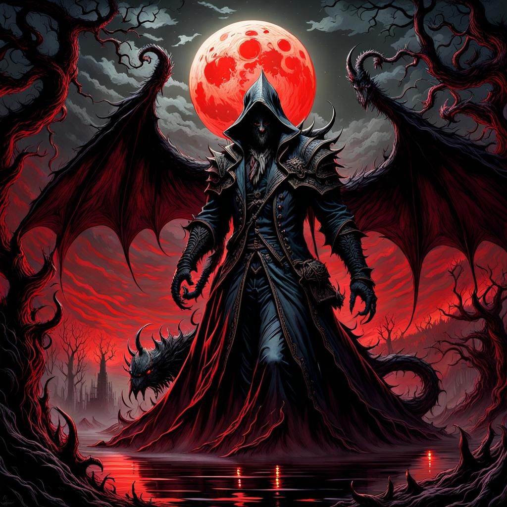 Lovecraftian Blood Moon Over Sinister Lake