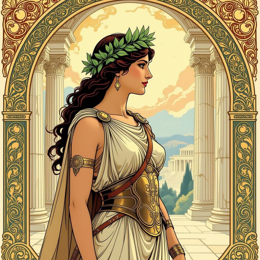 Athena in Art Nouveau Temple, Mystical Realism Style