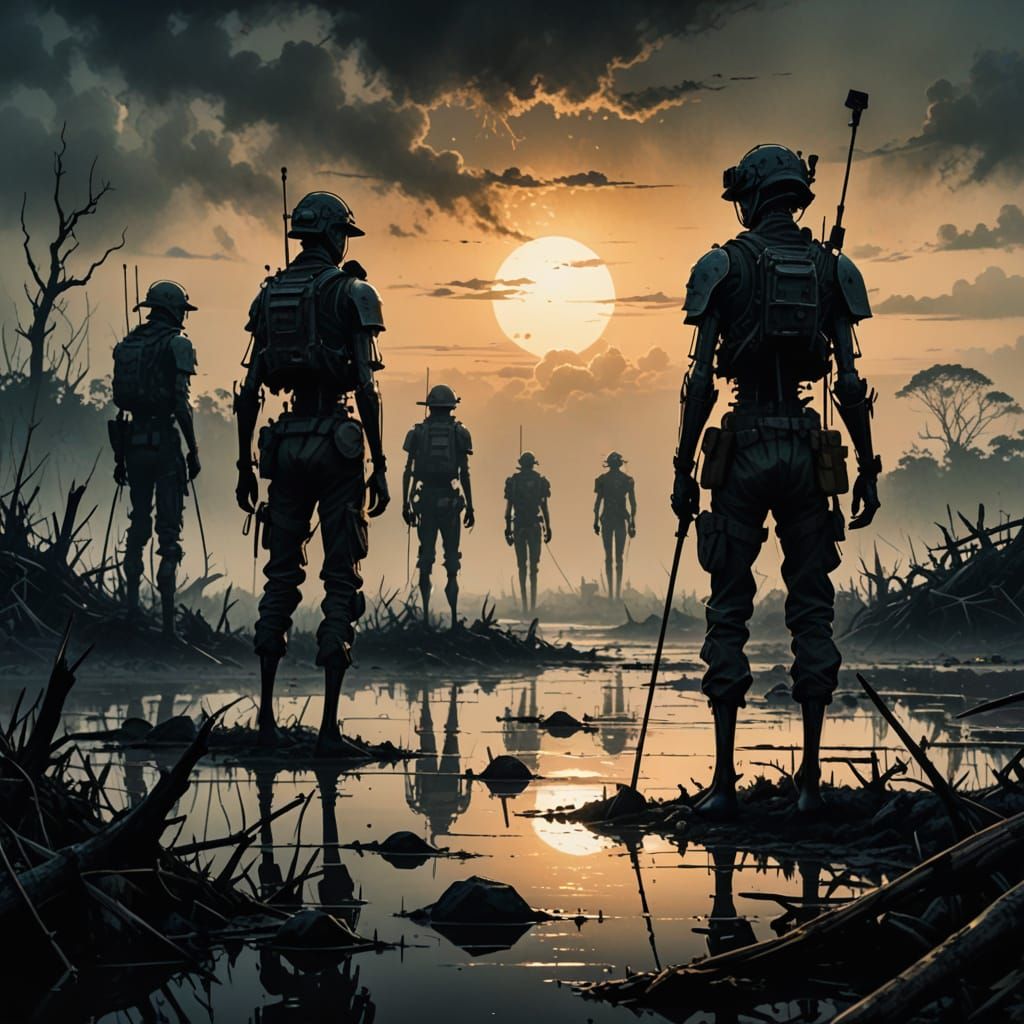Post-Apocalyptic Stilt People Silhouettes in a Foggy Swamp