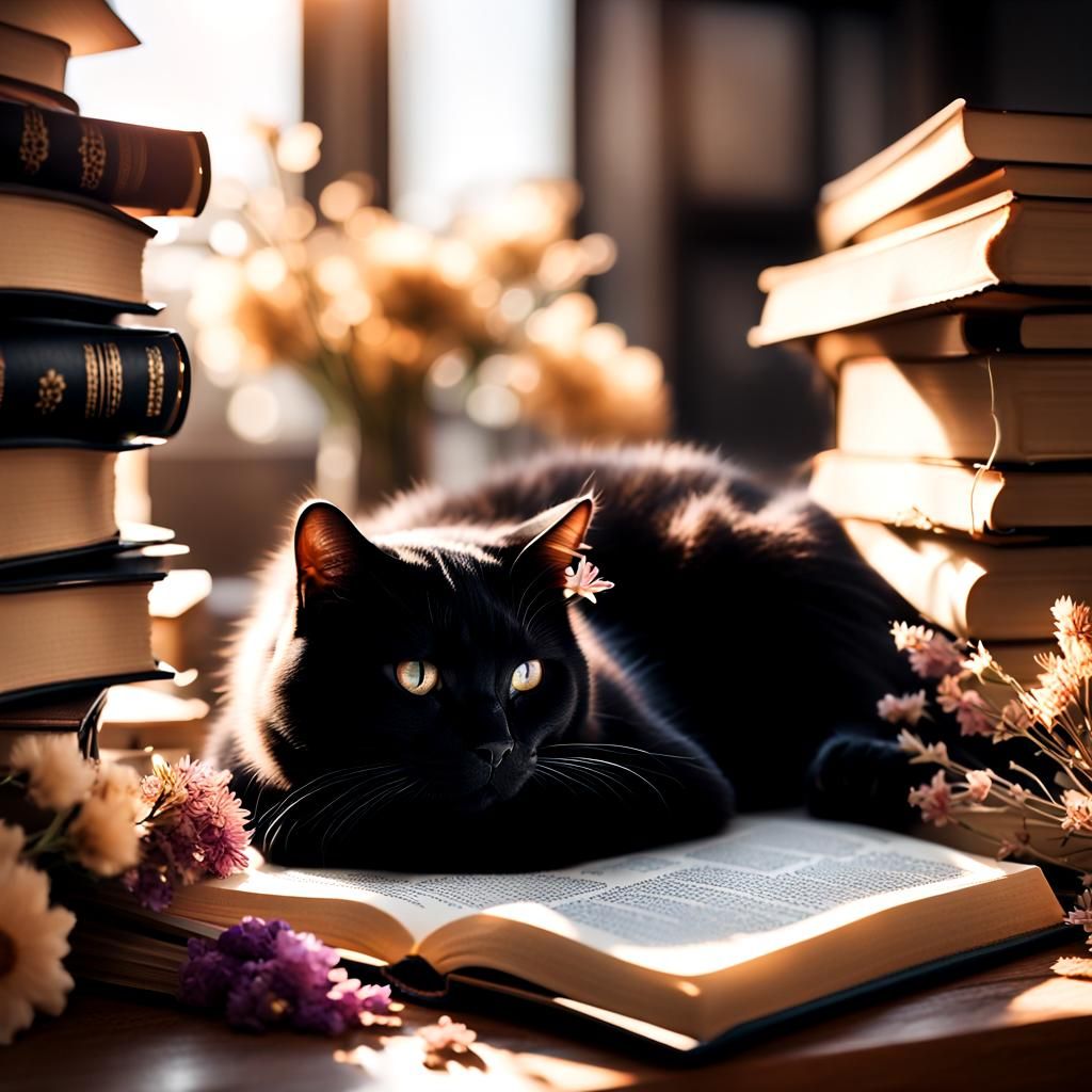 Black Cat Napping Amongst Books in Photorealistic Style
