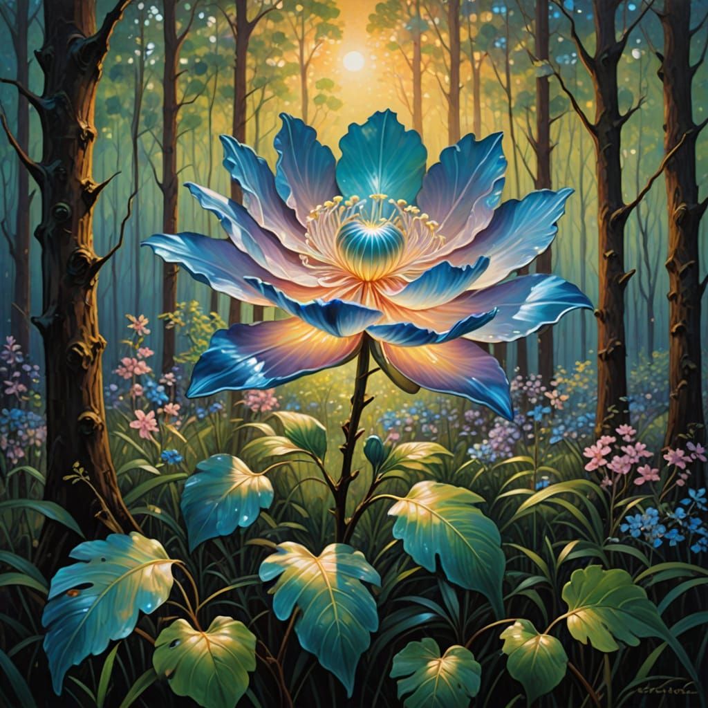 Opalescent Flower in Forest Clearing Oil Painting